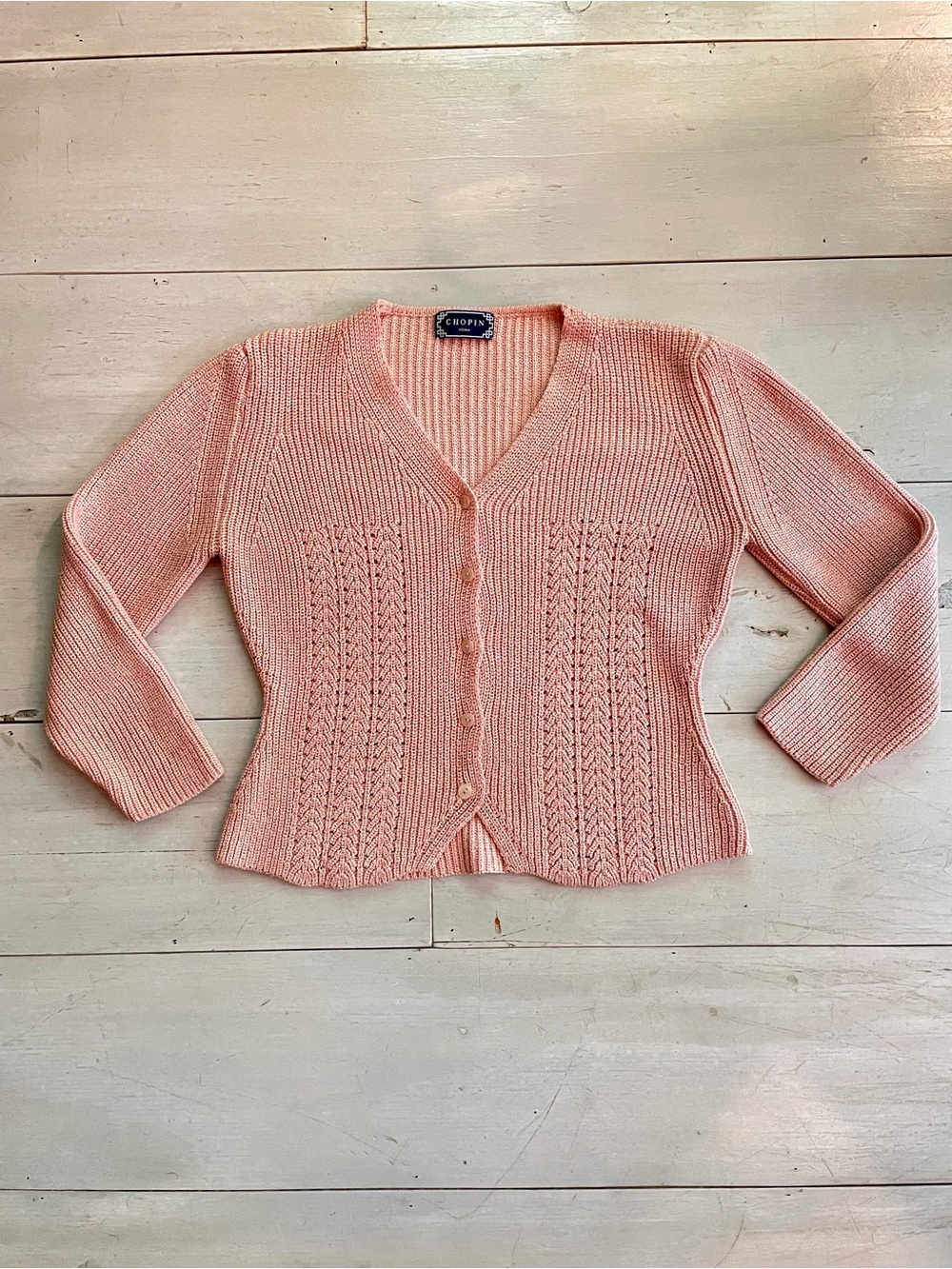 Chopin Roma Women’s V-Neck Button Peach Cardigan Sweater Quiet Luxury S/M Italy